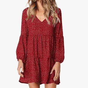 Amoretu Red Dot Tunic Dress Long Sleeve V Neck Flowy Swing Dress Small